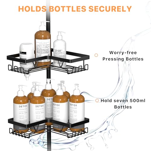 KEGII Corner Shower Caddy Tension Pole - Shower Tension Rod Organizer, Floor to Ceiling Shower Caddy 25-114.2 inch, Towel ...
