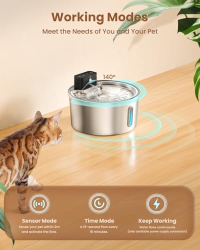 PawPoll Wireless Cat Water Fountain Stainless Steel - 3.2L/108oz Cordless Pet Water Fountain Battery Operated Cat Water Di...