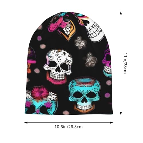 Sugar and Skulls Style Print Beanie Hat for Men and Women Stretchy Slouchy Winter Warm Cap Headwear Accessory Black