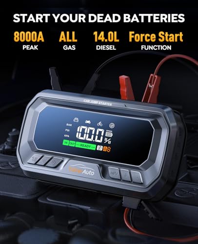 YaberAuto 12-in-1 Jump Starter with Air Compressor 8000A 160PSI 65W Charging, Portable Car Battery Jump Starter (All Gas/1...