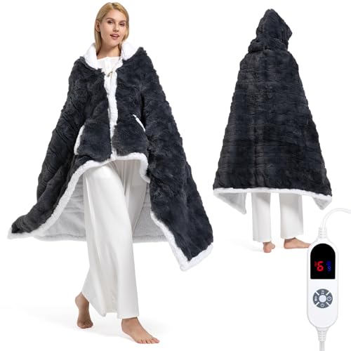 Wearable Heated Blanket Hoodie, Luxury Faux Fur & Sherpa Electric Throw Blanket, Heated Shawl Wraps Poncho with Pockets fo...