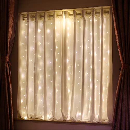 HXWEIYE Short Curtain Lights for Small Window, 3.3x5Ft Warm White Fairy Light with Timer & 8 Clips for Bedroom, Battery Po...