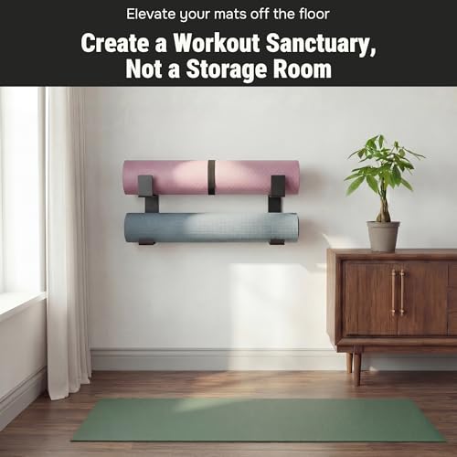 RoakyRoasy Yoga Mat Holder with Protective Padding Wall Mount Steel Storage Rack, 2 Tier Adjustable Width Hanger for up to...