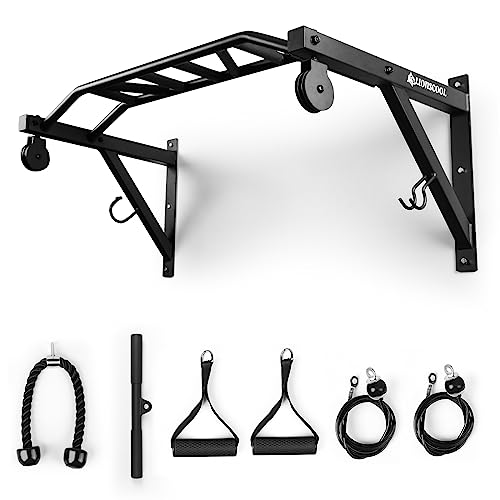 LIONSCOOL Multifunctional Wall Mounted Pull Up Bar with Pulley System, 48" and 16"/24" Multi-Grip Chin Up Bar, Cable Pulle...