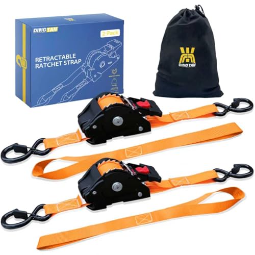 Retractable Ratchet Straps (2-Pack) - 1'' x 11.5' (1,800lb Break Strength) - Heavy Duty Auto Self Retracting Tie Down Stra...