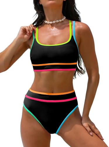 popvil Women's High Waisted Bikini Sets Neon Two Piece 2026 Swimsuit Sporty Adjustable Straps Bathing Suit