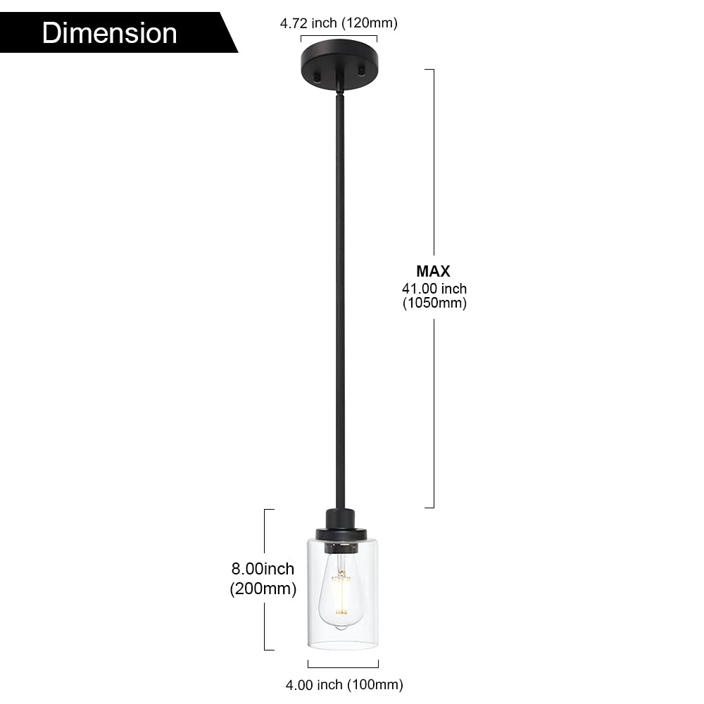 TODOLUZ Black Industrial Pendant Light Fixture, 1-Light Metal with Clear Glass Cylinder Shade for Kitchen and Dining Room