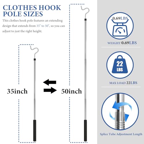 Greeily Clothes Hook Pole, Clothes Hanger Reaching Hook for Hanging Clothes Light and Plants Extendable from 35" to 50" Ma...