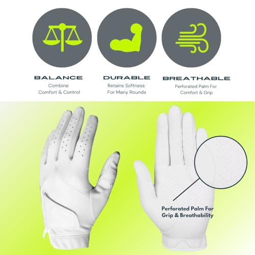 Scratch Cabretta Leather Mens Golf Gloves (5 Pack) Logo Free, Durable & Soft, Small Medium Large X-Large
