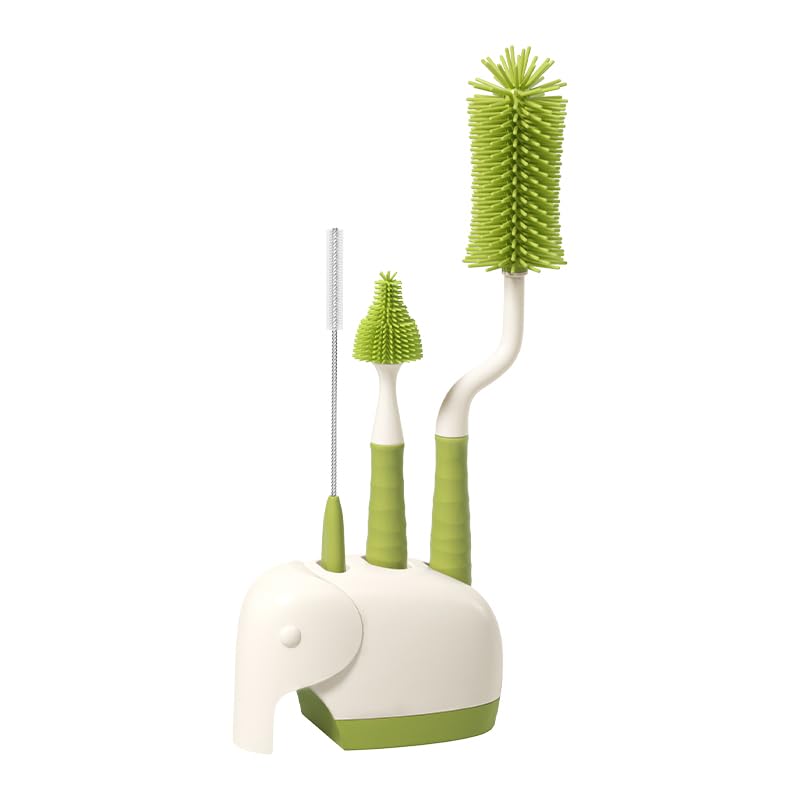 360° Rotating Silicone Bottle Cleaning Brush Set, Includes Baby Bottle Brush, Nipple Cleaner, Straw Brush and Drying Stand. (Green)