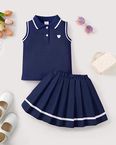 Kucnuzki Little Girls Clothes Toddler Outfit Polo Sleeveless Shirt Spring Tank Tops Pleated Skirt 2 Piece Set Clothing