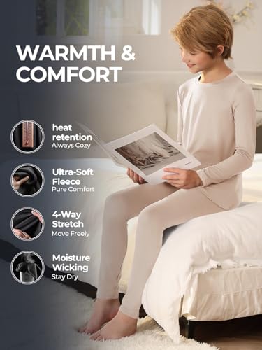 Haloumoning Thermal Underwear for Kids Boys Winter Base Layer Athletic Skiing Long Johns Sets 5-14 Years