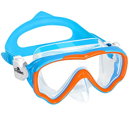 Freela Kids Swim Goggles Diving Mask for Youth 6-14, Tempered Glass Lens, 180° HD View Goggles with Nose Cover for Pool Beach