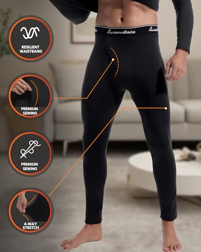 CL convallaria 2 Pack Thermal Underwear for Men Long Johns Fleece Lined Base Layer Set Winter Bottom Top 2XS-6XL