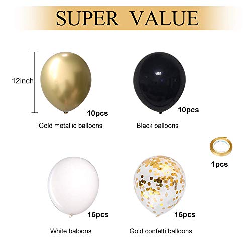 Black and Gold Confetti Balloons, 50 Pack 12inch White Latex Party Balloon Set with Gold Ribbon for New Year Graduation Bi...