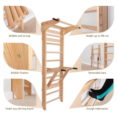 Swedish Ladder Wall Bars with Pull-Up Bar & Dip Station – Wooden Stall Bars, Multifunctional Home Gym Wall Ladder for Stre...