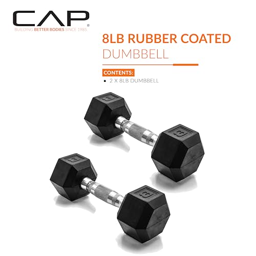 CAP Barbell 8 LB Rubber Coated Hex Dumbbell Hand Weight - Pair | Chrome Handle