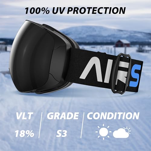 AirsFish Ski Goggles, Magnetic Side-Clip Snowboard Goggles Over Glasses -OTG Anti Fog 100% UV 400 Protection