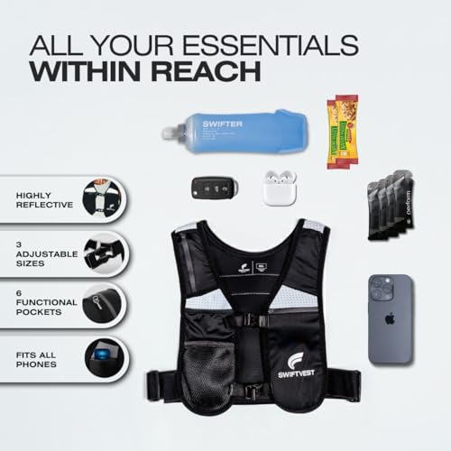 SWIFTVEST Running Phone Holder Vest with 500ml/17oz Water Bottle | Reflective Hydration Vest | Adjustable | Light | 6 Pock...