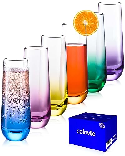 ColoVie Stemless Champagne Glasses Set of 6- Colored Champagne Flutes- Wedding Toasting Glass- Bridesmaid Gift- Mimosa Gla...