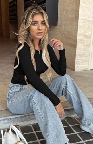 Ekouaer Women's Long Sleeve Shirts Tight Fitted Tops Crewneck Underscrubs Tee Lightweight Basic Thermal Undershirts