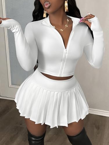 SOLY HUX Women's Skirt Sets 2 Piece Outfits Long Sleeve Crop Top with Pleated Mini Skirt Set Party Outfits for Women