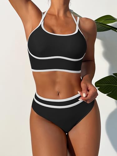 ANRABESS Womens Halter Bikini Set Color Block Sporty Swimsuits Two Piece High Waist Bathing Suit Sexy Summer Beach Swim Suits