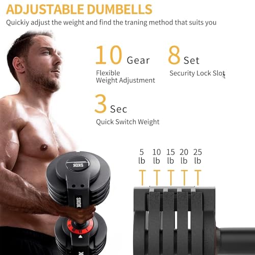 SKOK 25lbs Pair Adjustable Dumbbells Set, Adjustable Weights Dumbbells Set for Men and Women with Anti-Slip Fast Adjust We...