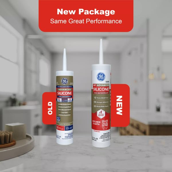 GE Advanced Silicone Caulk for Kitchen & Bathroom, White, 10 fl oz Cartridge, 1 Pack - 100% Waterproof Silicone Sealant, 5X Stronger Adhesion, Shrink & Crack Proof