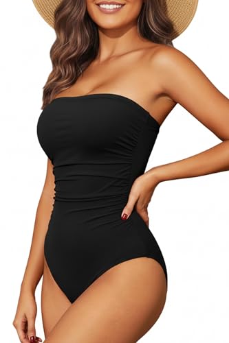 Holipick Women Tummy Control One Piece Swimsuits Strapless Bandeau Bathing Suits Slimming Halter Swimwear