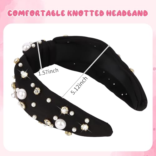 Brimekichio Black Headband for Women Girls Pearl Knotted Headband Clear Rhinestone Head Band Black Hair Accessories Women