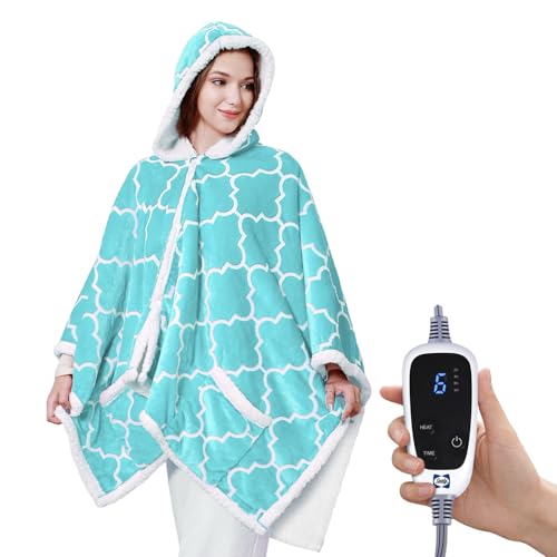 Sealy Wearable Heated Throw Blanket, Flannel & Sherpa Electric Throw Shawl Poncho with Hoodie & Pocket, 6 Heating Levels &...