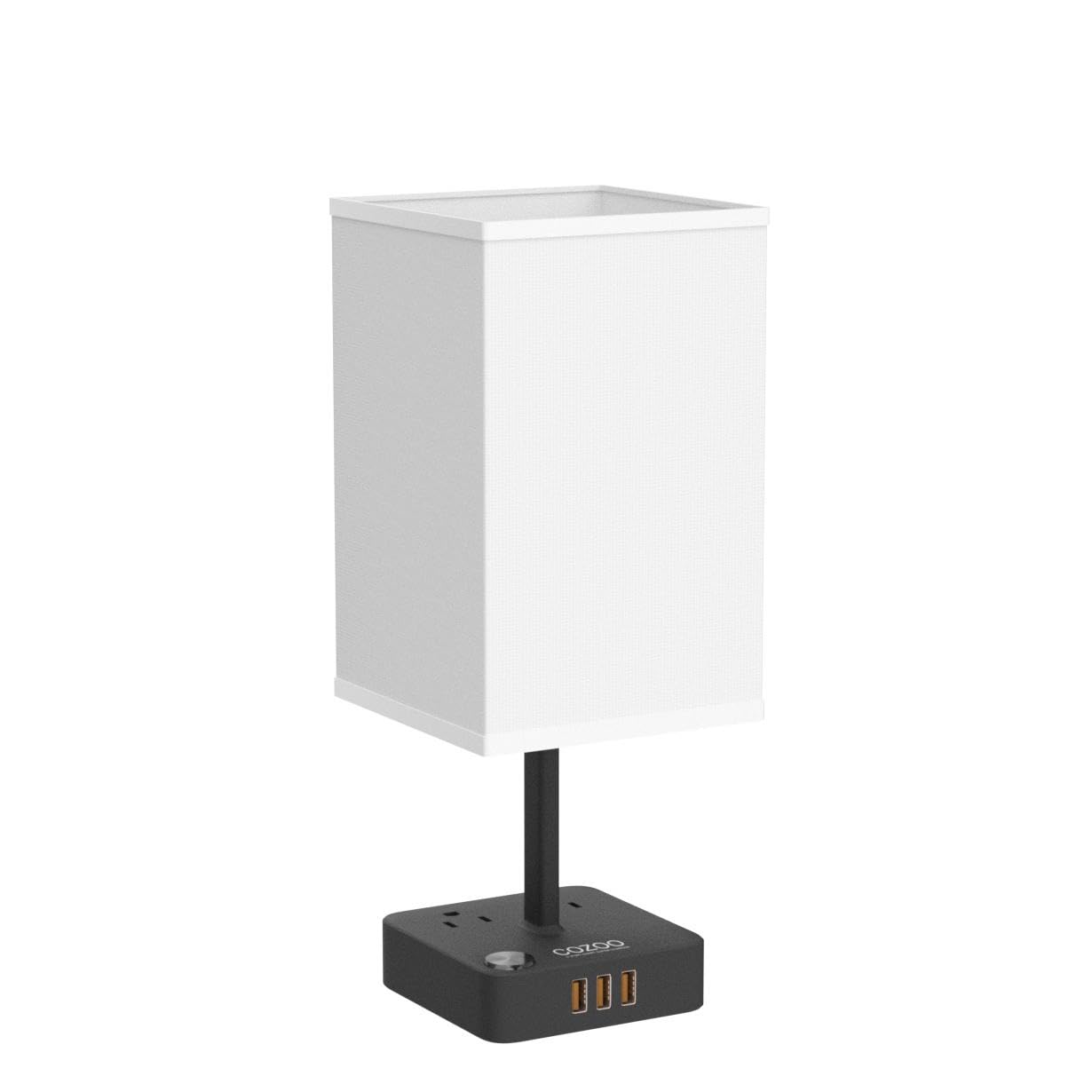Cozoo USB Bedside Table Desk Lamp with 3 USB Ports, 2 Outlets, White Fabric Shade, 5.2inD x 5.2inW x 13.65inH