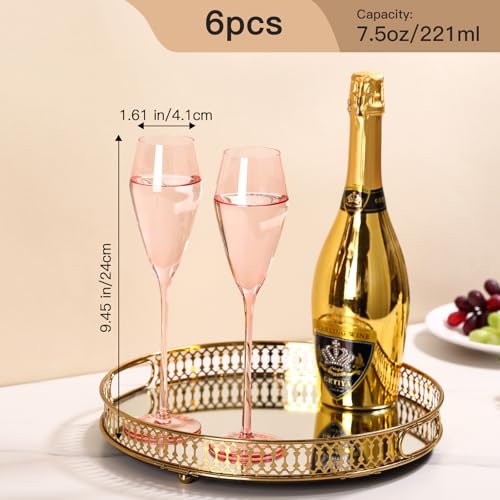 JOVGANG Pink Champagne Flutes Set of 6-7.5oz Hand-Blown Lead-Free Crystal Champagne Glass, Wedding Champagne Flutes, Date ...