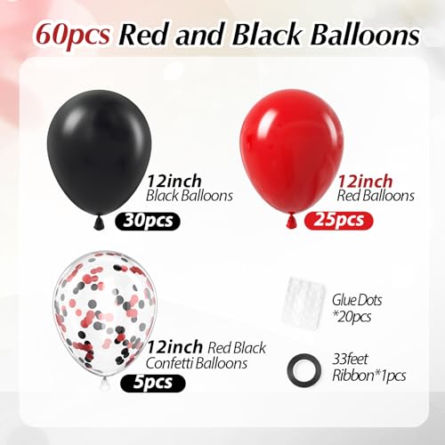 Red and Black Balloons, 60pcs 12inch Black Red Confetti Balloons for Graduation Wedding New Year Eve Birthday Party Decora...