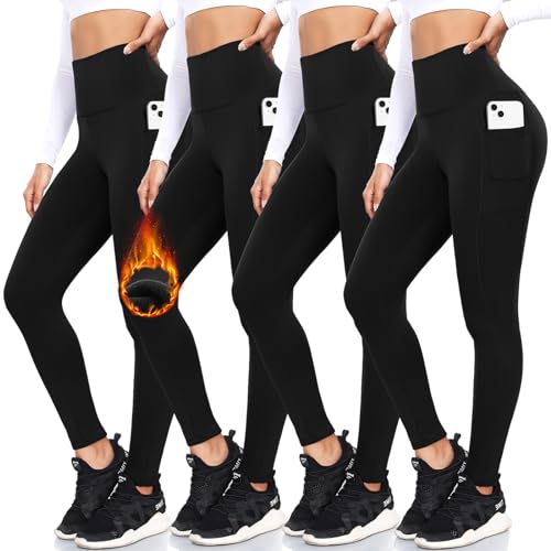 FULLSOFT 4 Pack Fleece Lined Leggings with Pockets for Women High Waisted Thermal Winter Warm Yoga Pants for Workout Running