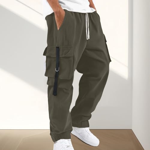 Corduroy Cargo Pants Mens Casual Drawstring Elastic Waist Tapered Pants Loose Fit Lightweight Joggers Trousers with Pockets