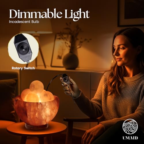 UMAID Himalayan Salt Lamp Bowl with 6 Massage Balls – Dimmable Natural Pink Rock Salt Lamp for Relaxation, Meditation,Yog...