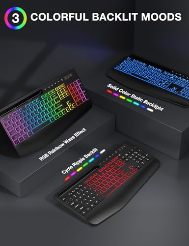 Wireless Keyboard and Mouse Combo - 9 Backlit Effects, RGB, Ergonomic Wrist Rest, Phone Holder, 2.4G Full Size, Rechargeab...