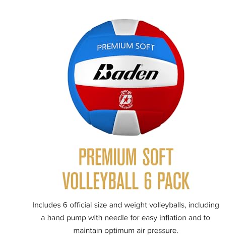 Baden Premium Soft Synthetic Leather Official Size & Weight Outdoor Volleyball 6 Pack with Pump