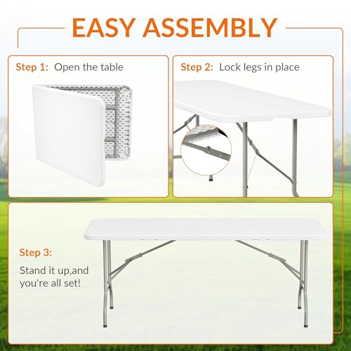 Elevon Folding Table, 6 Feet Heavy Duty Fold-in-Half Utility Table Indoor Outdoor for Camping, Picnic, Party