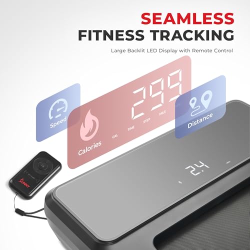 Sunny Health & Fitness Sleek Compact Smart Treadpad Treadmill with 6-Level Auto Incline, Remote Control, Shock Absorption,...