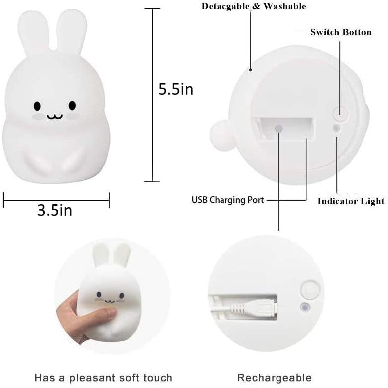 Tianhaixing Rabbit Night Light - Rechargeable Led Silicone Lamp, Remote & Touch Control, Adjustable Brightness & Colors, White, Model Thx8854