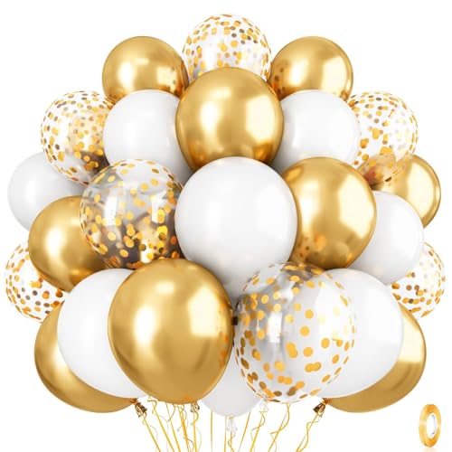 Metallic Gold Balloons Set, Pack of 35 12 Inch White Gold Confetti Latex Balloon, Gold and White Birthday Party Balloons f...