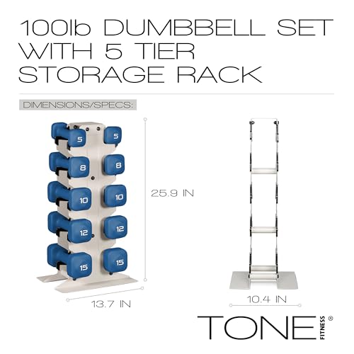 Tone Fitness Neoprene Dumbbell Set with Storage Rack – Non-Slip, Anti-Roll Hand Weights for Home Gym Workouts | 20 lb, 32 ...
