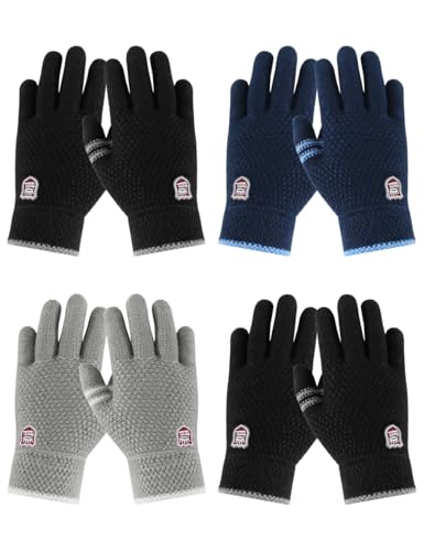 ORVINNER Kids Winter Gloves for Boys - 4 Pairs Soft Fleece Lined Thermal Stretchy Knit Warm Gloves for Cold Weather (2 Bla...