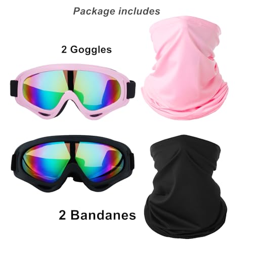 LJDJ Motorcycle Goggles,2 Pack Dirt Bike ATV Motocross Riding Hiking Protective with 2 Pack Neck Breathable Bandana Mask