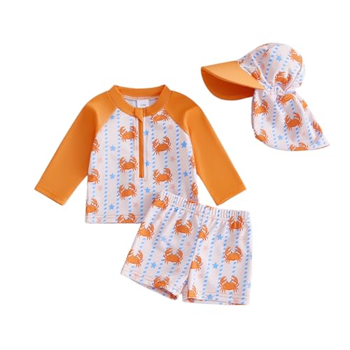 Toddler Boy Swimsuit Crab Print Long Sleeve Rash Guard Shirt Swim Trunks Sun Cap 3 Piece Baby Bathing Suit