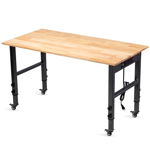 GVGBUK 48" Height Adjustable Workbench, 2000 LBS Load Capacity Rubber Wood Top Workstation, Heavy-Duty Hardwood Worktable ...