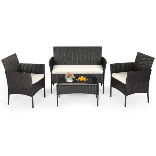 FDW | 4-Piece Patio Furniture Set | Black | Outdoor Wicker Furniture with Coffee Table | Modern Rattan Chairs Conversation...